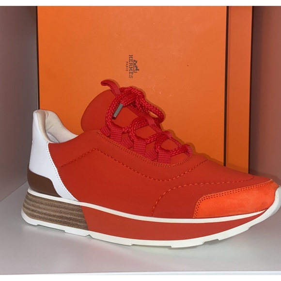 Hermes Shoes - Hermès Technical Canvas Suede Womens Miles Sneakers 35.5 Cornaline White